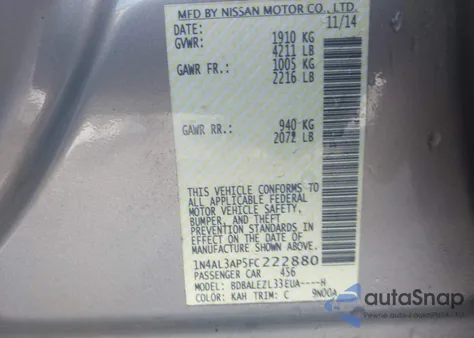 2015 Nissan Altima 2.5 S from USA, damaged, VIN 1N4AL3AP5FC222880